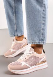 Różowe Sneakersy na Grubej Podeszwie z Brokatem i Metaliczną Wstawką Velari. Czerwone obuwie sportowe damskie Renee, bez zapięcia. Za 89.99 zł.