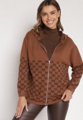 Brązowy Kardigan na Suwak z Kapturem i Geometrycznym Motywem Lunetusa. Brązowe kardigany damskie Born2be, l, bez wzorów, z jeansu. Za 99.99 zł.