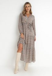 Beżowo-Granatowo-Beżowa Sukienka Maxi Boho Elerra. Brązowe sukienki damskie Born2be, bez wzorów, z materiału, boho, bez ramiączek. W wyprzedaży za 63.74 zł.