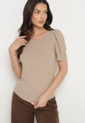 Ciemnobeżowy Prążkowany T-shirt z Zakładkami przy Rękawach Kolanovia. Brązowe t-shirty damskie Born2be, l, bez wzorów, z jeansu, bez kołnierzyka. Za 34.99 zł.