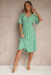 Zielona Rozkloszowana Sukienka z Bawełny Zdobiona Kwiatowym Printem Arirelle. Zielone sukienki damskie Renee, z aplikacjami, z bawełny, eleganckie, bez ramiączek. W wyprzedaży za 55.99 zł.