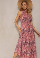 Fioletowo-Różowa Sukienka w Stylu Boho Bez Rękawów z Gumką w Pasie i Wiązaniem przy Dekolcie Yisa. Fioletowe sukienki damskie Renee, bez wzorów, z materiału, boho, bez ramiączek. W wyprzedaży za 67.99 zł.