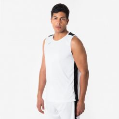 Koszulka do koszykówki bez rękawów unisex Tank 100. Białe koszulki damskie KIPSTA, xl, bez wzorów, z materiału, bez kołnierzyka, bez ramiączek. Za 29.99 zł.