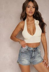 Jasnoniebieskie Denimowe Szorty High Waist z Bawełny z Przetarciami Zastorea. Niebieskie szorty damskie Renee, bez wzorów, z bawełny, z podwyższonym stanem. Za 74.99 zł.