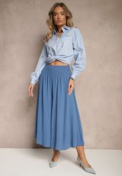 Niebieskie Spodnie Typu Kuloty High Waist o Szerokim Kroju z Marszczeniem Araliannis. Niebieskie spodnie materiałowe damskie Renee, bez wzorów, z jeansu. Za 39.99 zł.