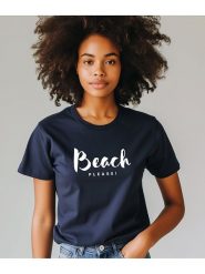 WOOOP Koszulka "Beach please" w kolorze granatowym rozmiar: L. Niebieskie bluzki damskie Wooop, l, bez wzorów, z bawełny, bez kołnierzyka, bez ramiączek. Za 83.42 zł.