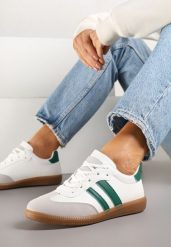 Biało-Zielone Sneakersy Sportowe Tenisówki z Modnymi Przeszyciami i Paskami Zarelna. Białe obuwie sportowe casual damskie Renee, bez zapięcia. Za 69.99 zł.