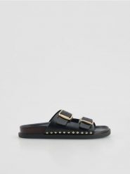 Skórzane klapki - czarny. Czarne klapki damskie Reserved, bez wzorów, ze skóry, bez obcasa, bez zapięcia. Za 199.99 zł.