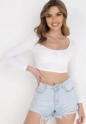 Biała Bluzka Teofistos. Białe bluzki damskie Born2be, s, bez wzorów, z dzianiny, wizytowe, bez kołnierzyka, bez ramiączek. Za 14.99 zł.