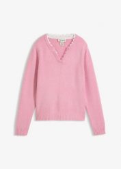 Sweter z koronkową wstawką. Czerwone swetry klasyczne damskie bonprix, z koronki, bez kołnierzyka. Za 107.99 zł.