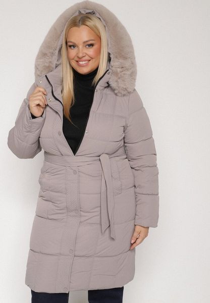 Szara Pikowana Kurtka z Kapturem z Futrem i Wiązanym Paskiem Mevinatia. Szare kurtki damskie Born2be, na zimę, l, bez wzorów, z dzianiny, z kapturem. Za 339.99 zł.