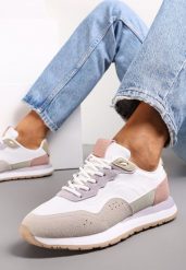 Biało-Fioletowe Sneakersy Zdobione Wstawkami z Imitacji Skóry Fayela. Fioletowe obuwie sportowe damskie Renee, ze skóry, bez zapięcia. Za 99.99 zł.