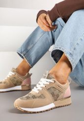 Beżowo-Różowe Sneakersy Ozdobione Wzorzystymi Wstawkami Halisna. Brązowe obuwie sportowe damskie Renee, z jeansu, bez zapięcia. Za 69.99 zł.