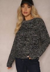Czarny Sweter z Dodatkiem Wełny z Tłoczonym Zdobieniem i Kolorową Nitką Terivana. Czarne swetry klasyczne damskie Renee, z jeansu, bez kołnierzyka. Za 59.99 zł.