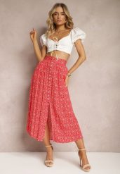 Czerwona Maxi Spódnica Rozkloszowana w Kwiaty z Guzikami Kessame. Czerwone spódnice damskie Renee, na co dzień, na lato, l, bez wzorów, maxi. Za 54.99 zł.