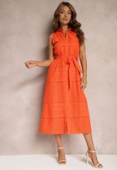 Pomarańczowa Ażurowa Sukienka z Bawełny o Koszulowym Kroju z Materiałowym Paskiem Vikiisara. Brązowe sukienki damskie Renee, w ażurowe wzory, z bawełny, eleganckie, bez ramiączek. W wyprzedaży za 151.99 zł.