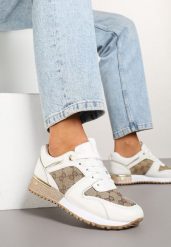 Biało-Brązowe Sneakersy z Ozdobnymi Przeszyciami i Metaliczną Wstawką Miltia. Białe obuwie sportowe casual damskie Born2be, bez zapięcia. Za 69.99 zł.