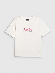 4F T-shirt boxy z nadrukiem damski - beżowy XS. Brązowe t-shirty damskie 4F, xs, bez wzorów, z bawełny, bez kołnierzyka. Za 69.99 zł.