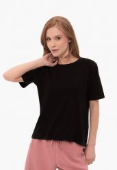 Gładka koszulka, Comfort Fit, T-LENI. Czarne koszulki damskie Volcano, m, bez wzorów, z bawełny, bez kołnierzyka, bez ramiączek. Za 74.99 zł.