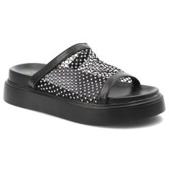 Czarne Klapki S.Barski Eleganckie Obuwie Damskie z Cyrkoniami. Czarne klapki damskie S.BARSKI, bez wzorów, bez obcasa, na platformie, bez zapięcia. Za 149.00 zł.