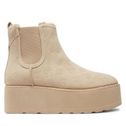 Botki Guess. Brązowe botki damskie Guess, bez obcasa, na koturnie, bez zapięcia. Za 629.99 zł.
