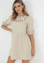 Beżowa Taliowana Sukienka Mini z Ażurowymi Wycięciami Przy Dekolcie Chesine. Brązowe sukienki damskie Born2be, w ażurowe wzory, bez ramiączek. Za 179.99 zł.