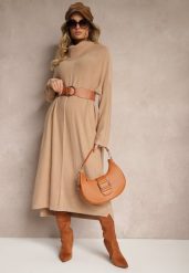Brązowa Sweterkowa Sukienka z Wiskozą z Golfem i Eleganckimi Rozcięciami Elettrina. Brązowe sukienki damskie Renee, bez wzorów, z wiskozy, eleganckie, bez ramiączek. W wyprzedaży za 95.99 zł.