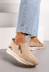 Ciemnobeżowe Sneakersy na Ozdobnej Platformie z Suwakiem i Metaliczną Wstawką Latrisse. Brązowe obuwie sportowe damskie Renee, bez zapięcia. Za 69.99 zł.
