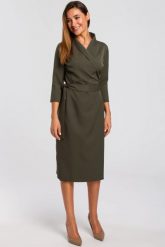 Elegancka sukienka biznesowa kopertowa midi z paskiem w talii zielona. Zielone sukienki damskie Stylove, bez wzorów, biznesowe, bez ramiączek. Za 309.00 zł.