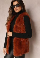 Brązowo-Pomarańczowa Futrzana Kamizelka z Wstawkami z Ekoskóry Lewja. Brązowe kamizelki damskie Renee, l, bez wzorów, z futra, bez kaptura. Za 189.99 zł.