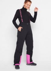 Spodnie narciarskie ocieplane i nieprzemakalne, z odpinanymi szelkami, Straight. Czarne spodnie sportowe damskie bonprix, bez wzorów, narciarskie. Za 259.99 zł.