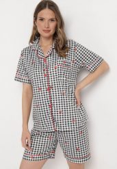 Czarno-Biały Komplet Piżamowy w Kratkę Koszula i Luźne Szorty Elitra. Czarne komplety bielizny Born2be, bez wzorów, bez ramiączek. Za 49.99 zł.