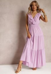 Fioletowa Rozkloszowana Sukienka Maxi z Gumką w Talii i Falbanką Laylani. Fioletowe sukienki damskie Renee, bez wzorów, bez ramiączek. W wyprzedaży za 50.99 zł.