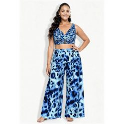 Damskie Spodnie palazzo zwierzęcy wzór szeroka nogawka elastyczny pas. Niebieskie spodnie dresowe damskie Ulla Popken, plus size, bez wzorów, z materiału. Za 239.99 zł.