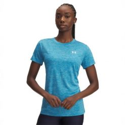 Koszulka treningowa damska Under Armour UA Tech Twist SSC. Niebieskie bluzki damskie Under Armour, bez wzorów, sportowe, bez kołnierzyka, bez ramiączek. Za 93.39 zł.