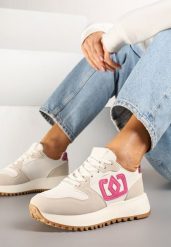 Beżowo-Różowe Sneakersy na Niskiej Platformie Zdobione Aplikacją Alimrela. Brązowe obuwie sportowe damskie Renee, z jeansu, bez zapięcia. Za 89.99 zł.