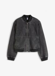 Dżinsowa kurtka bomberka. Szare kurtki damskie bonprix, bez wzorów, z denimu, bez kaptura. Za 169.99 zł.