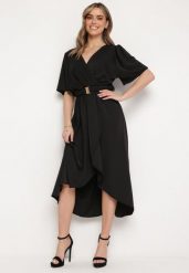 Czarna Rozkloszowana Sukienka Kopertowa z Gumką w Talii i Ozdobnym Paskiem Vasena. Czarne sukienki damskie Born2be, bez wzorów, eleganckie, bez ramiączek. Za 79.99 zł.