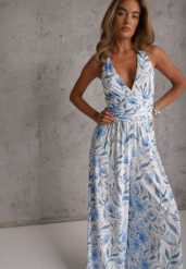 Niebieski Marszczony Kombinezon Casual z Wiskozą na Lato o Kroju Halter Phinadia. Niebieskie sukienki damskie Renee, bez wzorów, z materiału, casualowe, bez ramiączek. Za 189.99 zł.