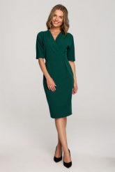 Elegancka sukienka z Kopertowym Dekoltem - Zielona. Zielone sukienki damskie MOE, bez wzorów, z elastanu, eleganckie, bez ramiączek. Za 274.90 zł.