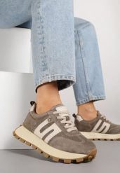 Ciemnobeżowe Skórzane Sneakersy z Geometrycznym Motywem Melussea. Brązowe obuwie sportowe damskie Born2be, na wiosnę, z jeansu, bez zapięcia. Za 259.99 zł.