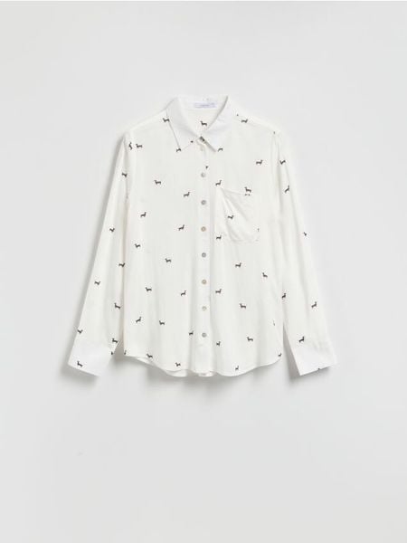 Wzorzysta koszula z wiskozy - ciemnobrązowy. Brązowe koszule damskie Reserved, l, bez wzorów, z wiskozy, bez kołnierzyka, bez ramiączek. W wyprzedaży za 59.99 zł.