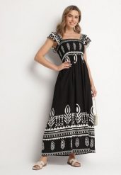 Czarna Sukienka z Wiskozy o Rozkloszowanym Kroju w Ornamentalny Wzór Lisolira. Czarne sukienki damskie Born2be, bez wzorów, z wiskozy, eleganckie, bez ramiączek. Za 99.99 zł.