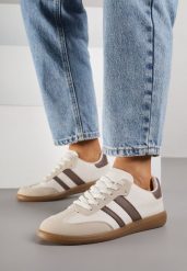 Ciemnobeżowe Casualowe Sneakersy na Płaskiej Podeszwie z Paskami Jereria. Brązowe obuwie sportowe damskie Renee, z jeansu, bez zapięcia. Za 99.99 zł.