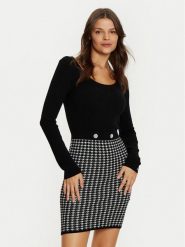 Guess Sukienka dzianinowa W5RK12 Z3KX0 Czarny Slim Fit. Czarne sukienki damskie Guess, z aplikacjami, z dzianiny, bez ramiączek. Za 329.99 zł.