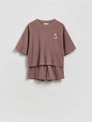 Waflowa piżama dwuczęściowa - brązowy. Brązowe piżamy damskie Reserved, bez wzorów, z bawełny, bez ramiączek. Za 99.99 zł.