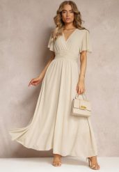 Beżowa Rozkloszowana Sukienka z Kopertowym Dekoltem Obillis. Brązowe sukienki damskie Renee, bez wzorów, z jeansu, eleganckie, bez ramiączek. W wyprzedaży za 119.99 zł.