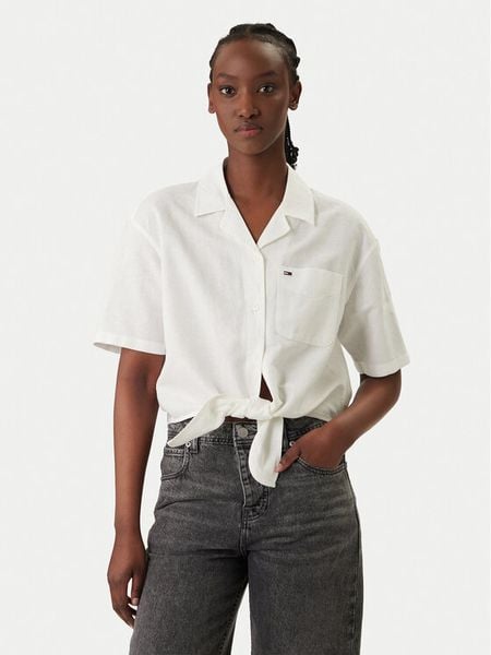 Tommy Jeans Koszula DW0DW22210 Biały Relaxed Fit. Białe koszule damskie Tommy Jeans, xl, bez wzorów, z jeansu, bez kołnierzyka, bez ramiączek. Za 218.99 zł.