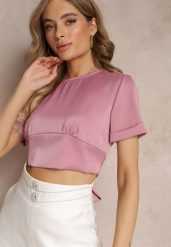Ciemnoróżowa Bluzka z Krótkim Rękawem i Węzłem z Tyłu Mankira. Czerwone bluzki damskie Renee, bez wzorów, bez kołnierzyka, bez ramiączek. Za 69.99 zł.