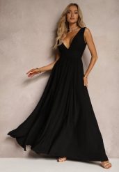 Czarna Sukienka Wieczorowa na Ramiączkach z Dekoltem w Szpic i Rozcięciem Nestanni. Czarne sukienki damskie Renee, bez wzorów, eleganckie, bez ramiączek. W wyprzedaży za 83.99 zł.